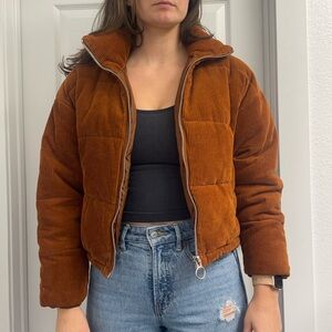 Topshop Corduroy Cropped Puffer Jacket in Rust